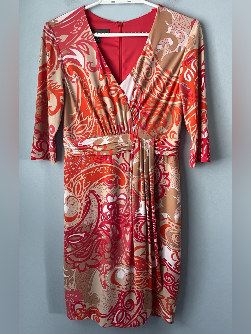Donna Ricco NY Coral Tan Paisley Faux Wrap 1/2 Sleeve Sheath Dress Size 8P